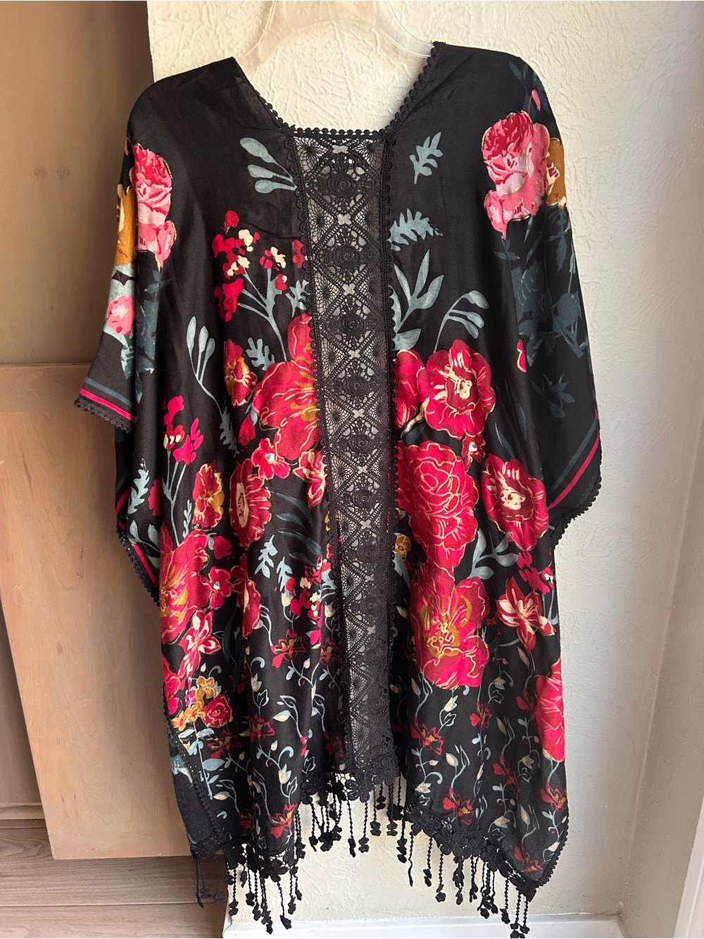 Woven Heart black floral colorful kimono lace back boho festival